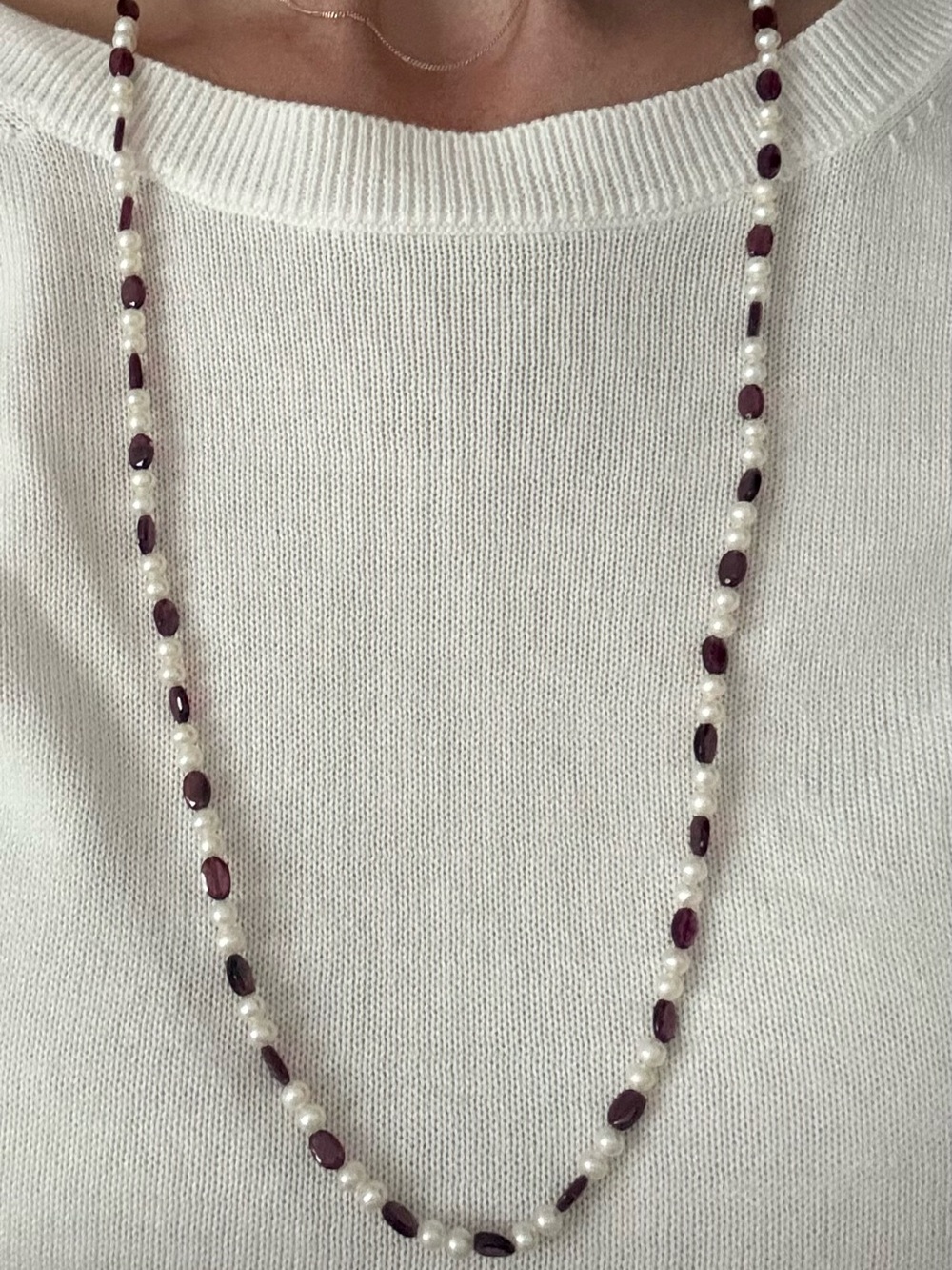 Delicate garnet and fresh water pearl necklace with matching garnet bracelet